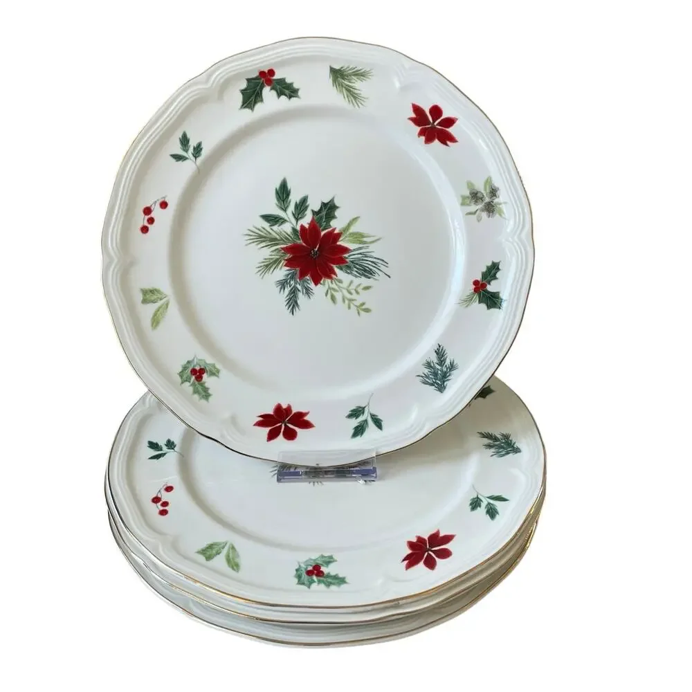Grace Teaware Christmas Poinsettia Dinner Plates 10.25in Set 4 Holly Berry New